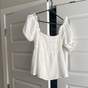 Ces Femme White Textured Blouse with Puff Sleeves